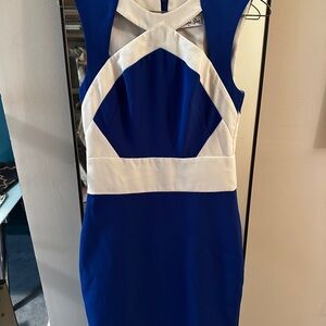 Natasha Couture Blue and White Geometric Mini Dress